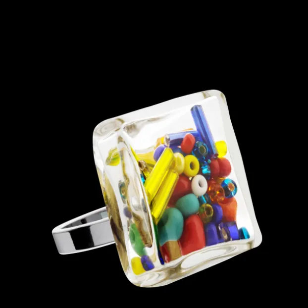 Bague en verre souffle - Carre Medium Mix Perles